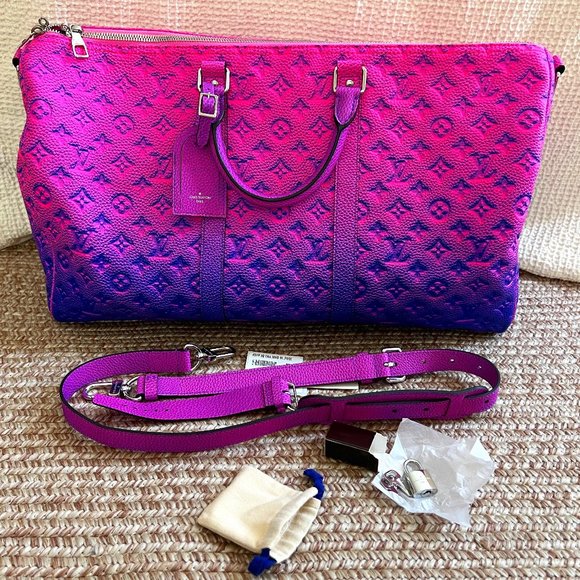 Louis Vuitton Virgil Pink Blue Monogram Illusion Keepall Bandouliere 50 Duffle - Picture 3 of 15